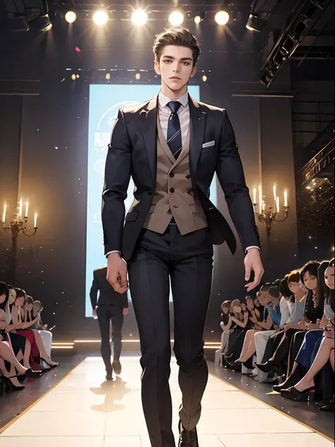 mastrepiece, 1 man, suit, fashion show, male model, crowd, stage