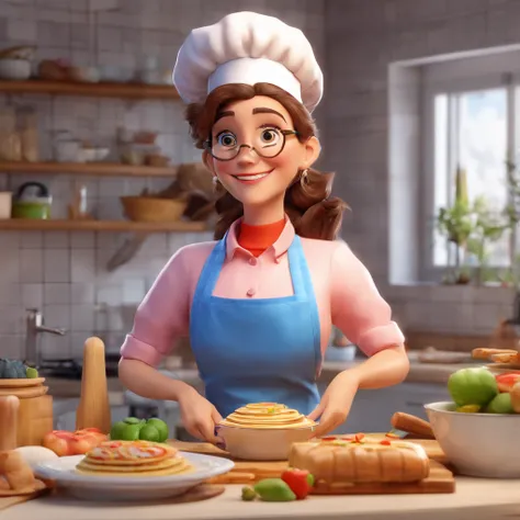 Crie uma cena de desenho animado  estilo 3d -Pixar, Onde uma mulher, de cabelos lisos castanhos claros com 50 anos de idade, óculos Shes cooking dressed as a pastry chef.