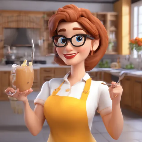 Crie uma cena de desenho animado  estilo 3d -Pixar, Onde uma mulher, de cabelos lisos castanhos claros com 50 anos de idade, óculos Shes cooking dressed as a pastry chef.