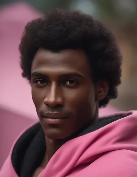 Man with black skin, very smiling, dents blanches, curly hair, type antillais, arched eyebrows, Wear a pink hoodie, Longs favoris, barbiche triangulaire, Porter une cape noire, torse nu, tenant un trident, Ultra detailded, ultra realist, 8k