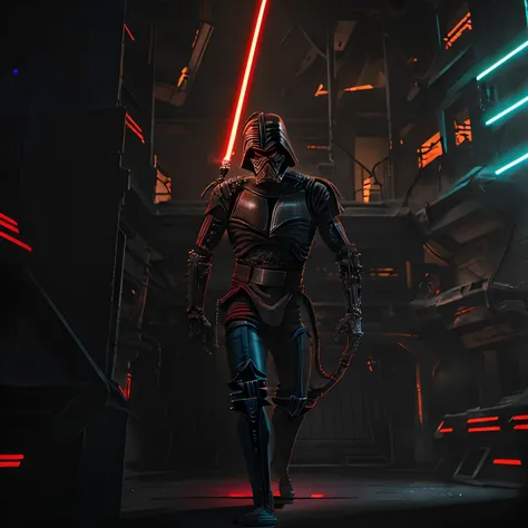 a grim portrait of Kylo Ren from Star Wars with intricate angular cybernetic implants inside a brutalist building, A Gothic brutalist cathedral, Cyberpunk, Fotos premiadas, Bokeh, neon lights, cybernetic limb, Jedi sombrio