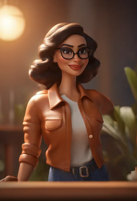 Cartoon character of a woman with black glasses,cabelos pretos e lisos e longos e uma camisa azul, animation character, Caractere estilizado, animation style rendering, 3D estilizado, Arnold Maya render, 3 d render stylized, toon render keyshot, Personagem...