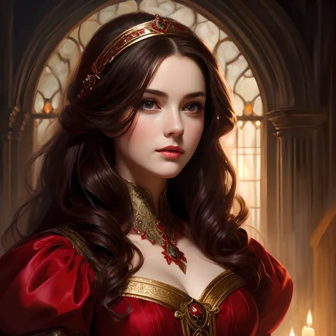 (best quality,highres:1.2),oil painting,vivid colors,dark-haired girl in a red dress,medieval setting,detailed facial features,f...