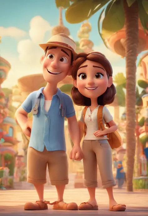 Cartoon of couple having fun on vacation together,  3D Animation Movie Poster, Poster de filme animado, pixar 3 d animation style, pixar renderman rendering, maia 8 mil, animated film, Disney Pixar Estilo 3D, amigos felizes saem juntos, all wearing light b...