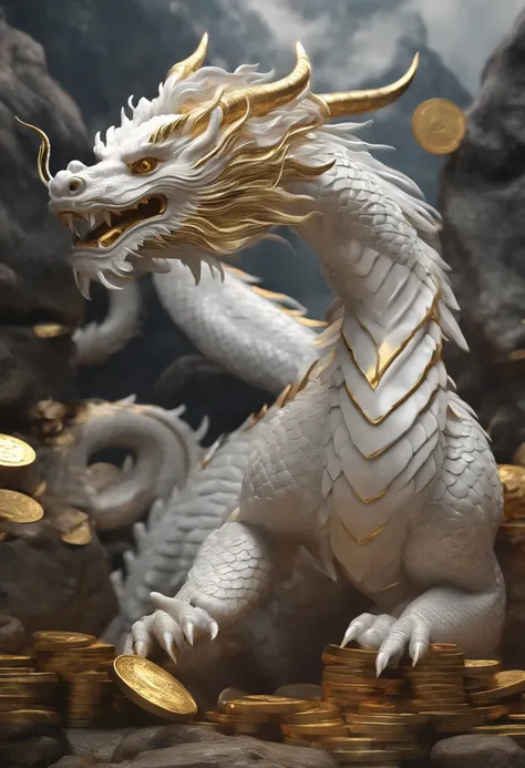 "Very nice 3d rendering of white Chinese dragon，Dynamic representation, Vivid effects and details，Top image quality，A high resolution，plethora of colors,　A bunch of coins, treasure"