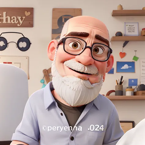 A bald man with white beard and glasses with smile in high pixar style image quality