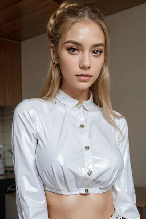 beautiful and very pretty, young schoolgirl in white latex blouse, Latex blouse buttoned up, verspielt, sanft, sehr vollbusig, schlanke Taile, detailiertes perfektes Gesicht, pretty platine blonde light hair, glatte Haare, gepflegt, adrett, very hot, sehr ...