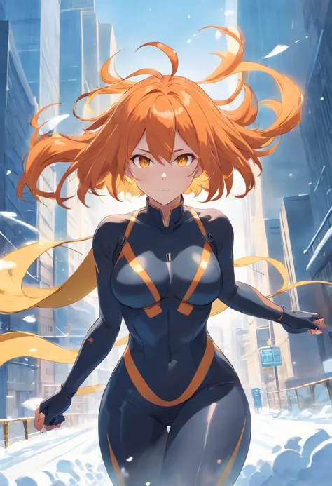 1 female、Orange hair、Colossal tits、Big ass、black rubber suit、yellow  eyes、Large, thick thighs、a short bob、wide hips、snow blowing、run