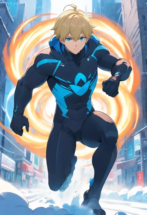 1 male human、a blond、Huge ass、black rubber suit、blue eyess、Large, thick thighs、short-haired、wide hips、musculature、run、snow blowing、kou