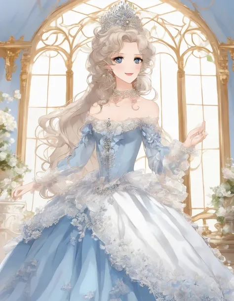 ((anime artstyle)),(Masterpiece),(Best quality),(super detail),(very delicate and beautiful),seulement,((corps entier,pose debout)),debout dans le Palais Royal,((1 jeune reine dans une magnifique robe de bal rococo avec une jupe cerceau volumineuse pleine ...