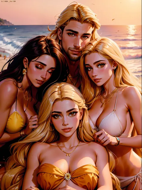 One Handsome Chad hugging three beautiful bitches tackling him and touching him,  dressed for the beach, perfect bodies, women: long flowing hair, flowers in hair, seductive, materials, golden hour, , jewelry, golden hour, photorealistic, masterpiece, in l...