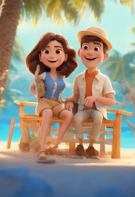 Cartoon of couple having fun on vacation together,  3D Animation Movie Poster, Poster de filme animado, pixar 3 d animation style, pixar renderman rendering, maia 8 mil, animated film, Disney Pixar Estilo 3D, amigos felizes saem juntos, all wearing light b...