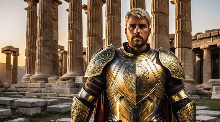 best quality bust shot photo of an heroic man, in medieval armor with short blonde hair, near a ancient greek temple at sunset. (full body armor), (detailed armor, golden armor, high quality), (wings armor) (ornate armor), (gauntlets on hands), (hdr), (nob...