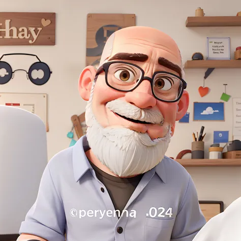 A bald man with white beard and glasses with smile in high pixar style image quality