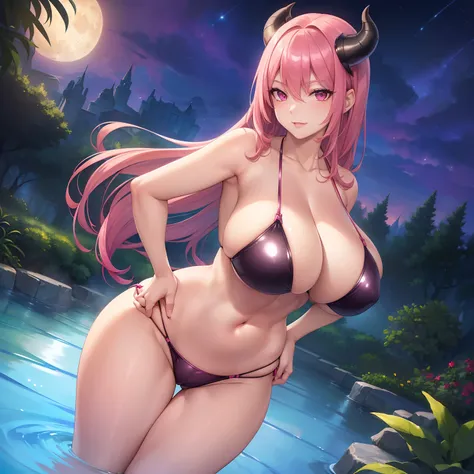 Masterpiece, best quality, ((((Solo mature woman)), pink hair, facing camera, (pink eyes), large chest, seductive smile, (((wide hips and big boobs))) curvy physique, cleavage, (dark night outside), under a moon, (standing in a pond), (((wearing shiny two ...