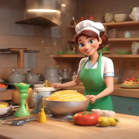 Create a 3D style cartoon scene -Pixar, where a 50-year-old woman with wavy brown hair and green eyes, Shes cooking dressed as a pastry chef.