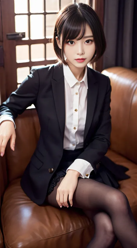 Charming beauties、Suit jacket、Black pleated skirt、beauty legs、Dyed in darkness、lacy fabric、Brainwashing makeup、brainwashed、thighband pantyhose、Hollow eyes