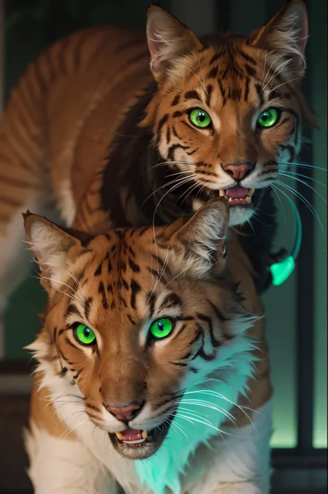 orange big cat with glowing green eyes, big teeth, sharp claws, snarling, semi-realistic