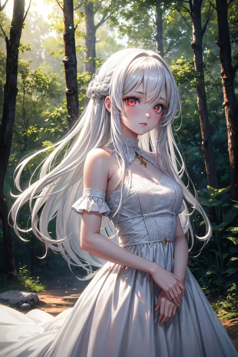 A stunning girl with long white hair, Fair skin, and red eyes, In the forest with cinematic lighting, Dark and low light. She wore a golden white dress, Her eyes focused, looking at viewert. Her skin is fair, Her face is delicate and flawless, A masterpiec...