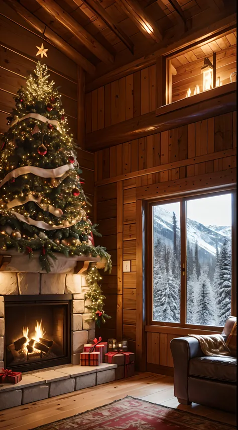 The inside of a mountain log cabin on a cold snowy Christmas night. The cabin has a lit fireplace. Over the fireplace hang stockings. Next to the fireplace is a Christmas tree. On the other side of the fireplace, there is a plate with cookie crumbs on it.