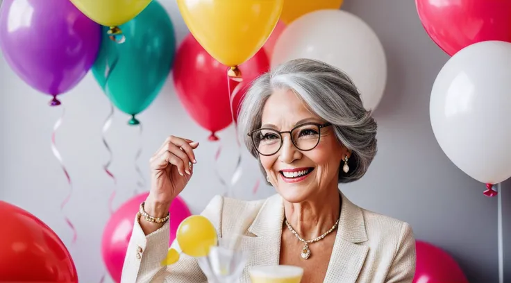 «»An elegant photorealistic image captures the charm of a senior woman with gray hair, exuding grace and sophistication in her stylish attire and eyeglasses. She is the epitome of elegance as she smiles warmly and gazes at the colorful balloons during a vi...