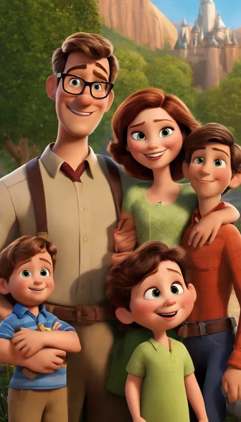 a movie poster by Disney Pixar spotting a loving family of three. the dad is tall and thin with green eyes and very short brown hair and a short beard. the mother has short wavy brown hair and brown eyes and wears glasses. the child is 3 years old with sho...