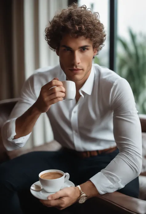 Man with short curly hair, peau blanche, yeux gris, Defined and athletic body, Accountants Clothes Drinking Coffee , Be confident,