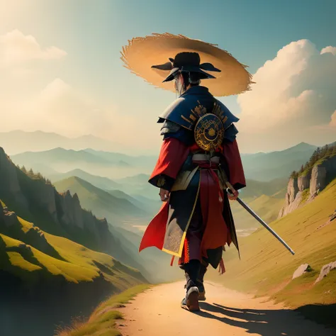 Create for me an image with a samurai wearing a Japanese straw hat and with a cape written love in Japanese walking on a mountain