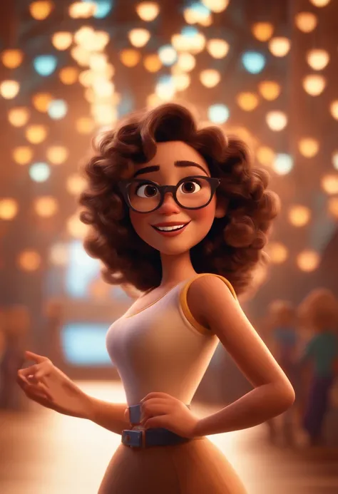 Pixar style image with 3D character white glasses brunette woman short curly hair dancing, Maquiagem Disney,Pescador, bonitinho, sorridente ,Close-up, Pixar, Disney, Cinema lighting,