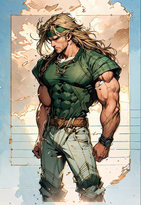 A middle-aged man, dark green long hair, wildly disheveled and exaggerated hairstyle, a headband, no eyebrows, a stern gaze, a well-defined facial structure, a tall and muscular physique, a fantasy-realistic style outfit, only a half-length windbreaker coa...