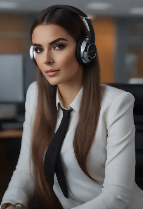 Brunete girl in the office, Hedset with headphone jack, bussinness outfit, professional camera, 8k, hyperrealistic, pele um pouco parda, cabelos pretos ondulados com mechas amarelas