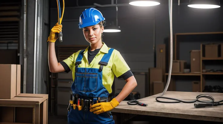 «»A photorealistic image of a professional female model embodying the role of an electrician. The electrician is dressed in a practical work outfit, complete with a utility belt, safety helmet, and work boots. Her hands may carry some electrical tools, ind...