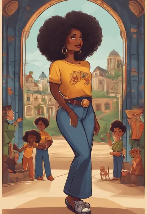 crie um banner no estilo Pixar. A woman with Afro-descendant features,  com cabelos curtos, Castanhos escuros, Curly and slightly grayish appearance, mas jovem, usando uma camiseta, Vestindo jeans e segurando um saxofone.