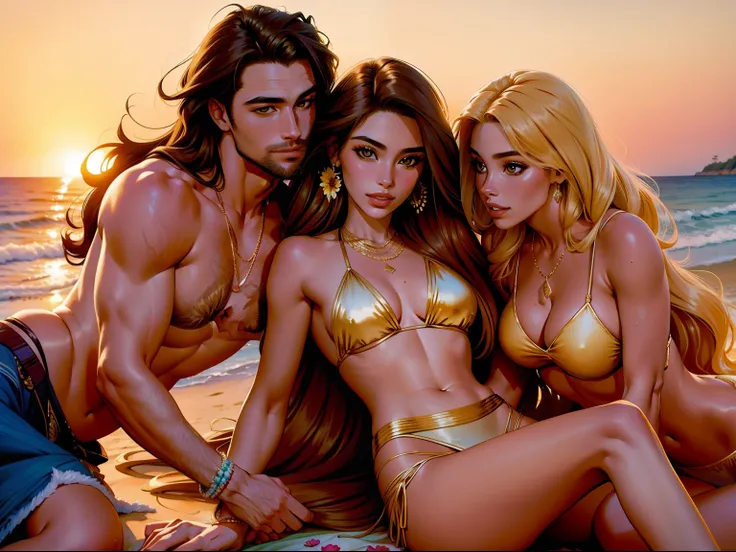 One Handsome Chad hugging three beautiful bitches tackling him and touching him,  dressed for the beach, perfect bodies, women: long flowing hair, flowers in hair, seductive, materials, golden hour, , jewelry, golden hour, photorealistic, masterpiece, in l...