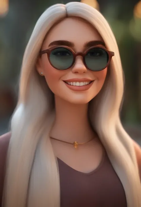 Pixar style image with 3D character round glasses white woman straight hair, Maquiagem Disney,, bonitinho, sorridente ,Close-up, Pixar, Disney, Cinema lighting,