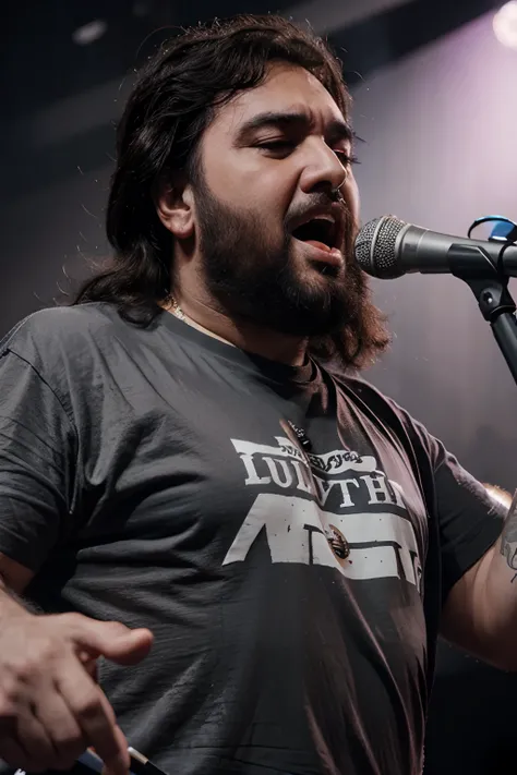 Pavarotti singer with a microphone in his hands singing expressively and wearing a heavy metal themed t-shirt