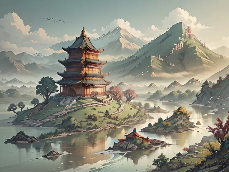 A landscape with mountains and rivers of parchment in the style of ((chino antiguo)) pagoda & Mountains A ((Little Chinese Dragon))