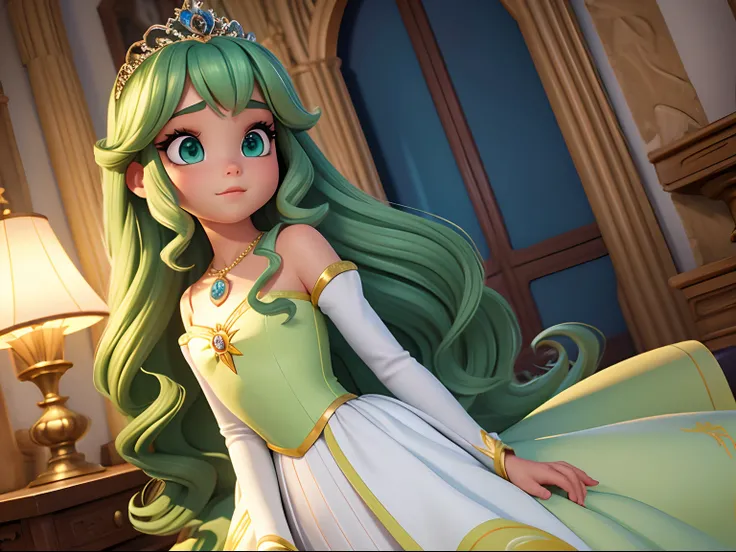 Uma menina branca de cabelo liso com os olhos verdes com um vestido de princesa atras de um castelo em estilo pixar