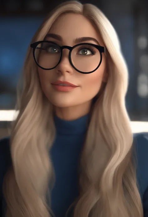 Pixar style image with 3D round character glasses white woman straight hair black, Maquiagem Disney, bonitinho, sorridente ,Close-up, Pixar, Disney, Cinema lighting