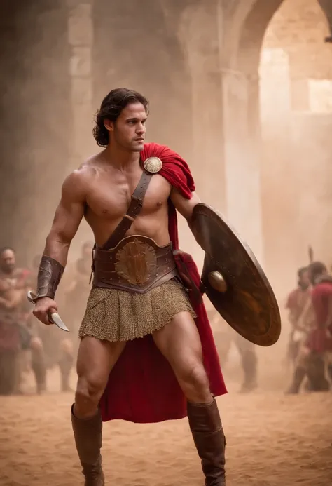 un gladiador romano, manchas de pintura roja en el cuerpo, Armadura detallada, Strong muscle build, intense expression, sosteniendo una espada y un escudo dorados, De pie en un gran coliseo, Dramatic lighting, Sombras fuertes, Capturando el momento antes d...