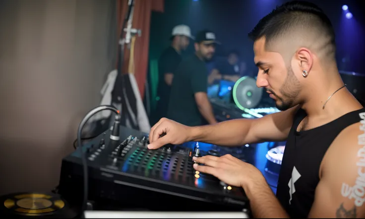 Theres a man whos playing a game on a laptop, Conjunto de DJ, tocando techno house music, Turntablism DJ arranhando, DJ Sura, DJ em uma festa, DJ, DJING com toca-discos DJ, henry ascensio, tecladista, Mixer DJ, Mistura, andrew gonzalez, turntablist, Tony S...