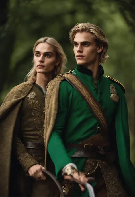 Neels Visser is a prince who has golden blonde hair, veste uma roupa militar medieval verde musgo, olhando para a frente com um olhar verde esmeralda penetrante. corpo inteiro com uma espada na cintura