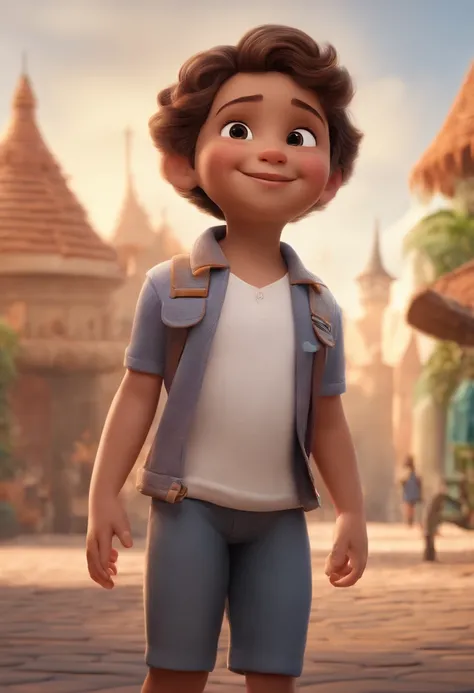 a happy cute kid standing short hair, vestindo uma fantasia espacial, , fundo branco, barnet, tom, Estilo Pixar, ..3d, desenhos animados, rosto detalhado, asymmetrical 16k