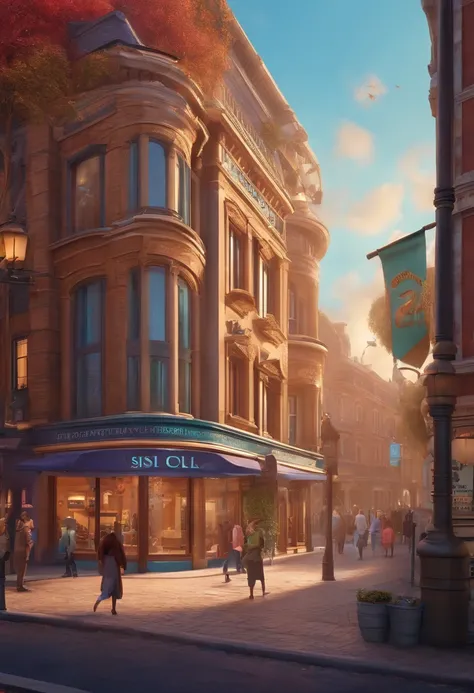 Pixar 3D-style drawing of a slimming clinic in the city center with a character in the foreground