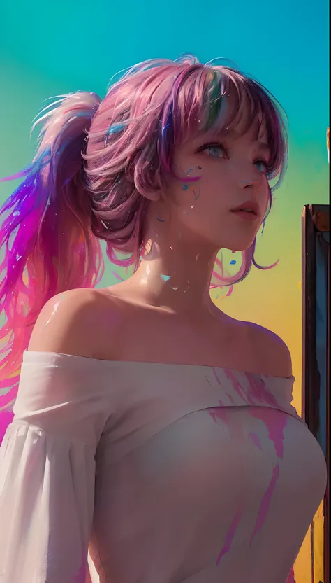 （Pink Fashion T-shirt：1.9），(Colorful hair: 1.8), (all the colours of the rainbow: 1.8),(((((vertical painting：1.6))), （painting：1.6），front, comics, illustrations, paintings, large eyes, crystal clear eyes,（ rainbow color gradient high ponytail：1.7）, exquis...