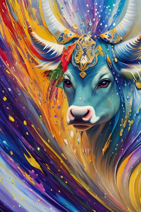 Splash art, spotted cow, full figure, android, bright color paint splash style, outline, hyper-detailed intricately detailed, unrealistic engine, fantastical, intricate details, splash screen, complementary colors, fantasy concept art, 8k resolution, color...