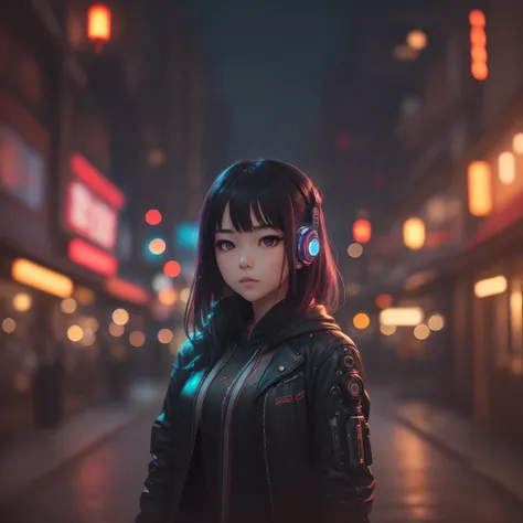 masterpiece, face focused portrait, standing, (looking at viewer:1.2), 1girl, cute face, | outdoors, garden, (night time), night, cozy lights, oriental scenery, asian garden, | futuristic city, neon lights, | depth of field, bokeh, ,cyborg style,cyberpunk ...