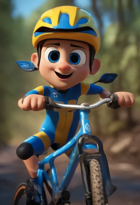 Um ciclista com camisa azul participando de um campeonato MTB , no meio de uma trilha inspired by Pixar animation, de perto. The character takes center stage with captivating facial expressions, oferecendo um toque de irrealidade