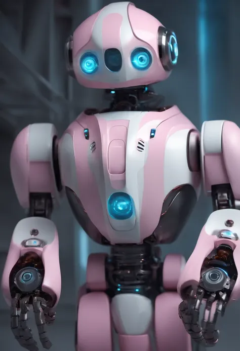 Generate images of beautiful robots。This robot should be lovable as a pet of the future。 Although it doesnt have to be facial expressions、Eyes are better to have great。The background is shimmering with pink and light blue, etc., e tem uma atmosfera brilhan...