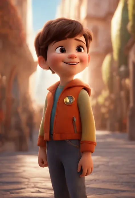 a happy cute kid standing short hair, vestindo uma fantasia espacial, , fundo branco, barnet, Tom, Estilo Pixar, ....3d, desenhos animados, rosto detalhado, asymmetrical 16k